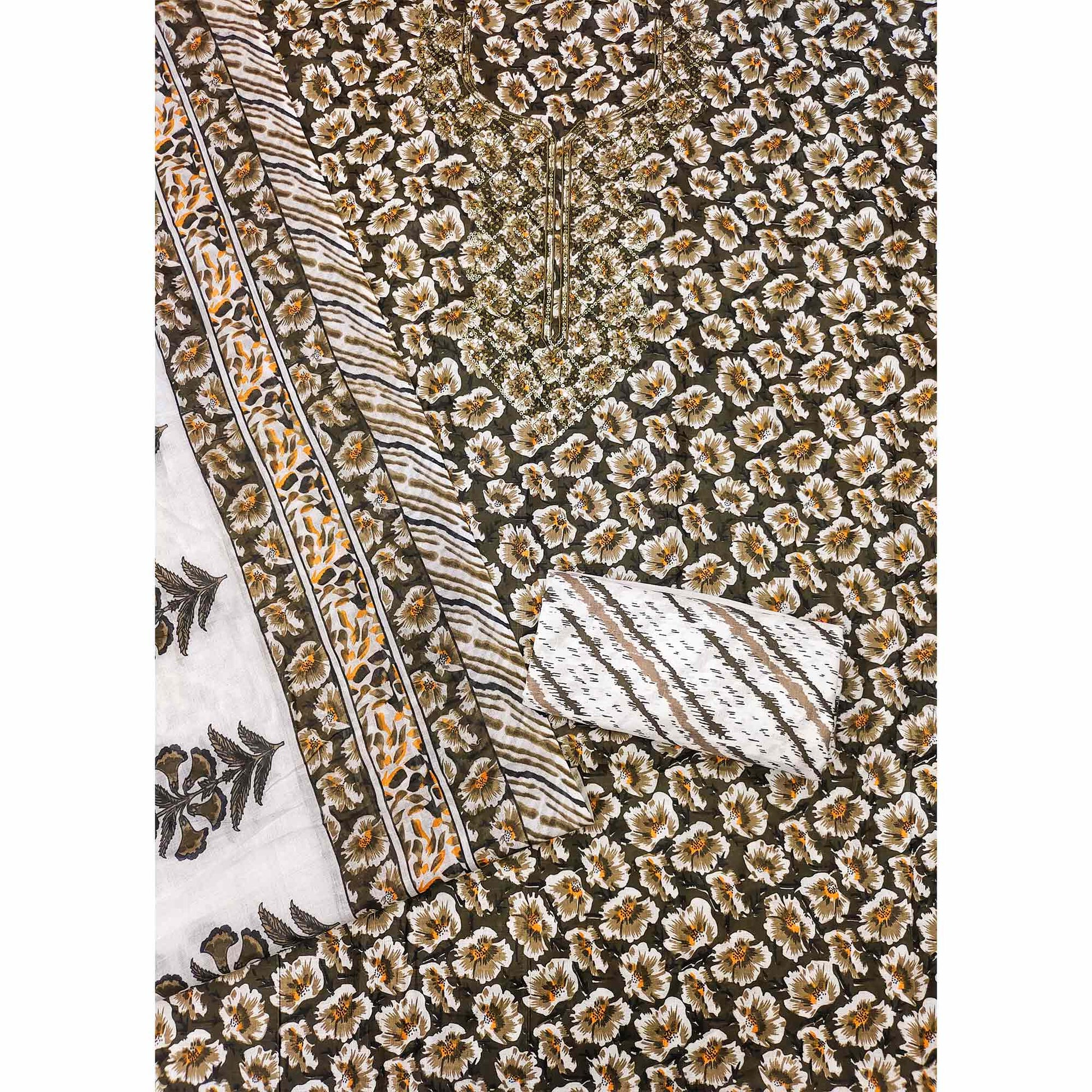 Brown Printed With Embroidered Cotton Blend Dress Material