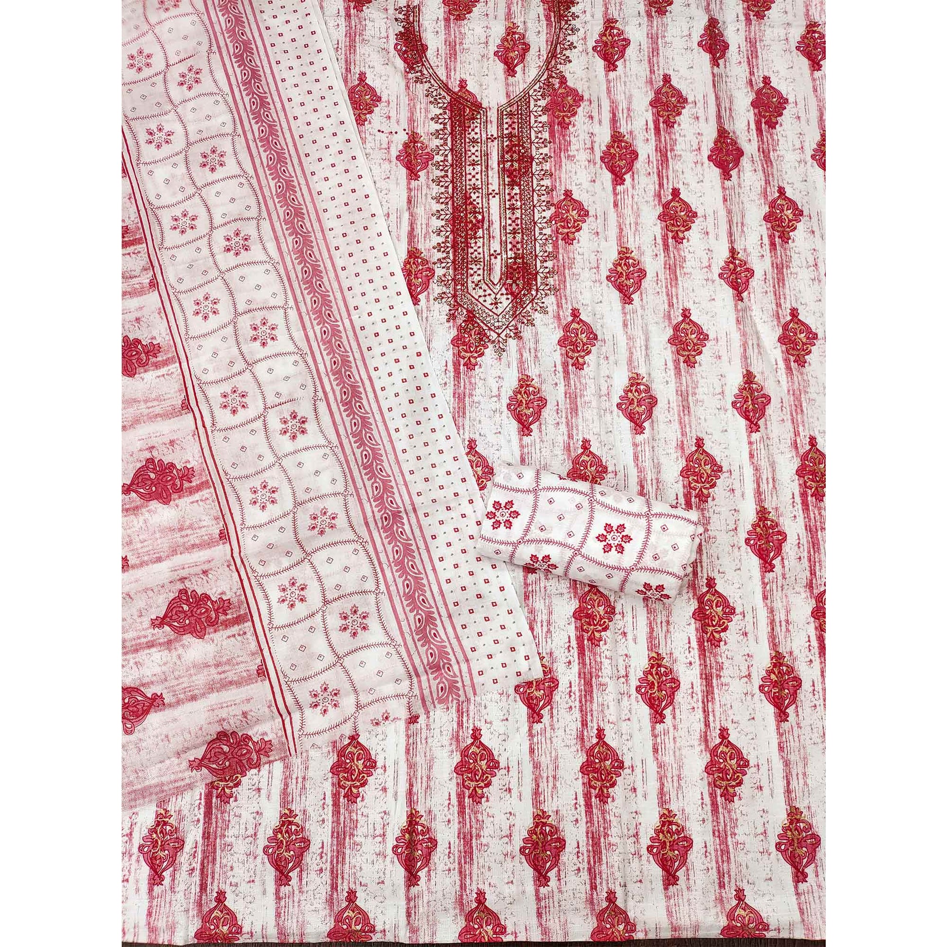 Gajari Pink Printed With Embroidered Cotton Blend Dress Material