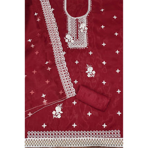 Maroon Floral Embroidered Organza Dress Material