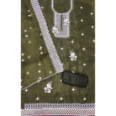 Mehandi Green Floral Embroidered Organza Dress Material