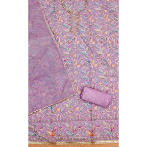 Light Purple Floral Printed With Hand Embroidered Organza Dress Material