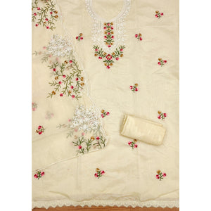 Cream Floral Sequins Embroidered Chanderi Cotton Dress Material