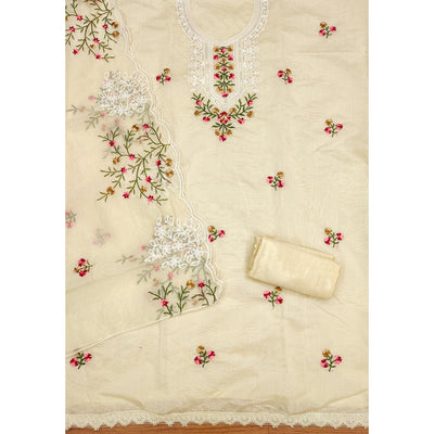 Cream Floral Sequins Embroidered Chanderi Cotton Dress Material