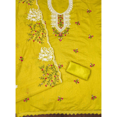 Lemon Green Floral Sequins Embroidered Chanderi Cotton Dress Material