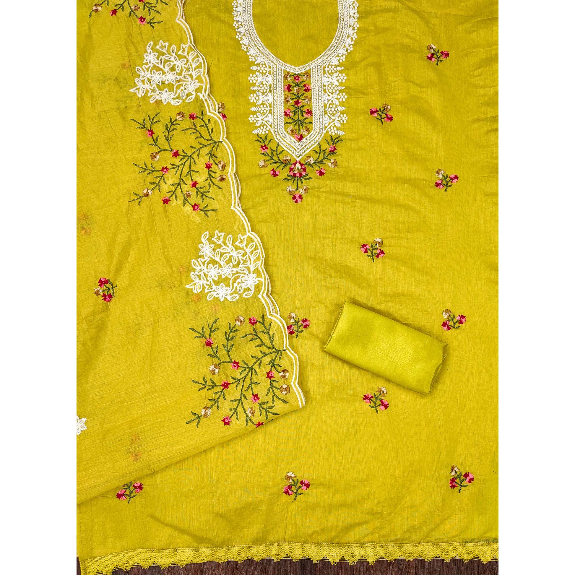 Lemon Green Floral Sequins Embroidered Chanderi Cotton Dress Material