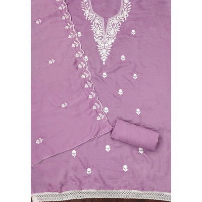 Lavender Floral Embroidered Cotton Blend Dress Material