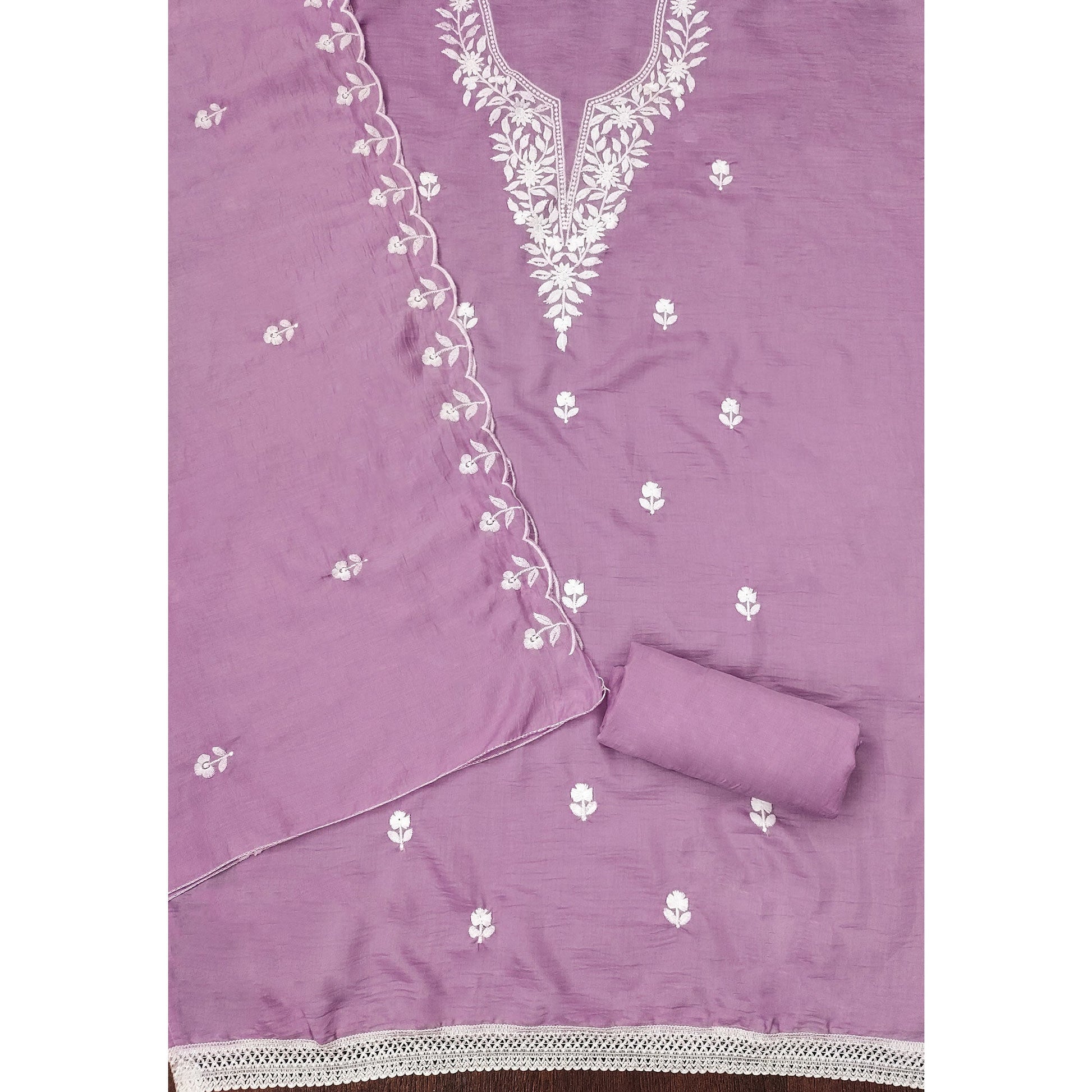 Lavender Floral Embroidered Cotton Blend Dress Material