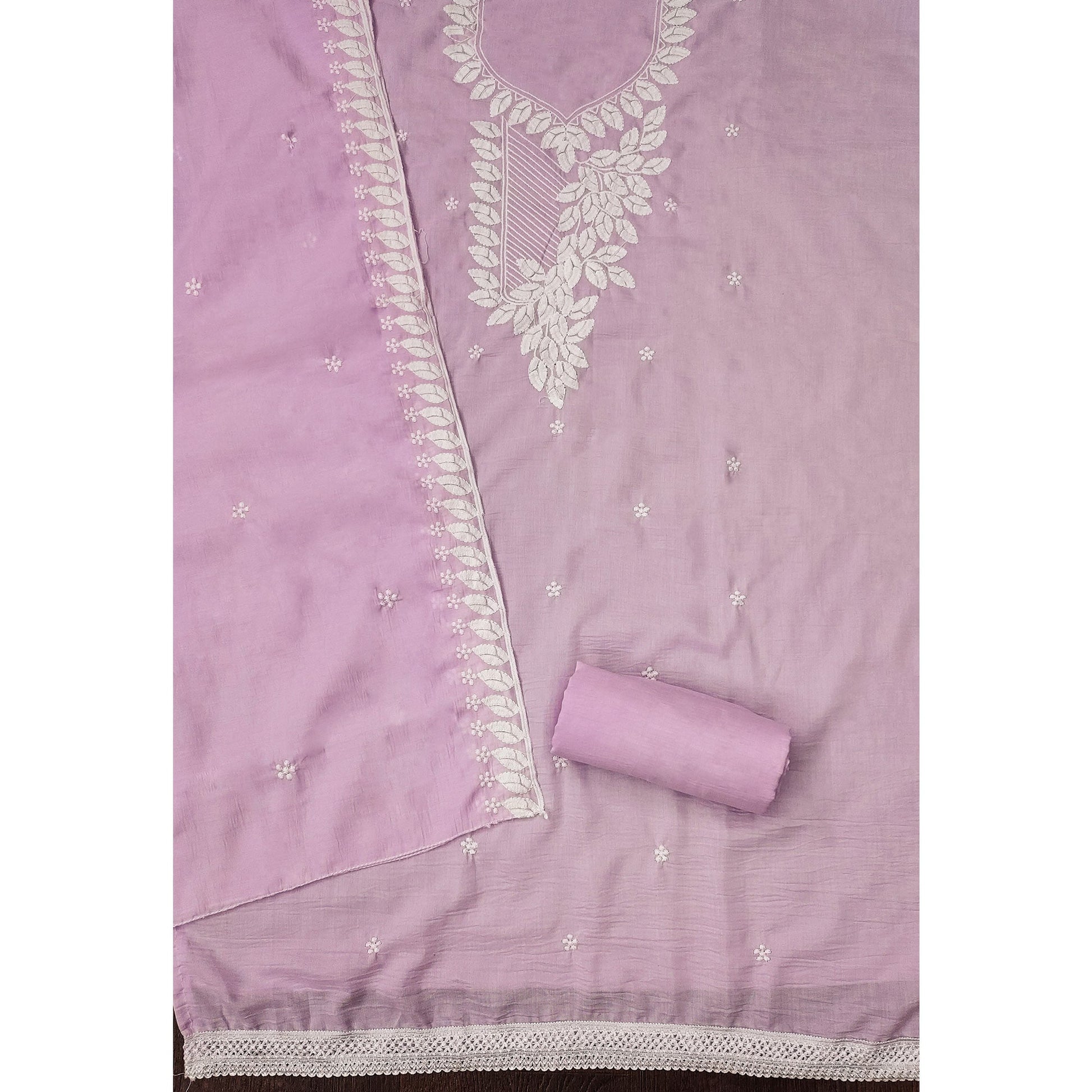 Light Lavender Floral Embroidered Cotton Blend Dress Material