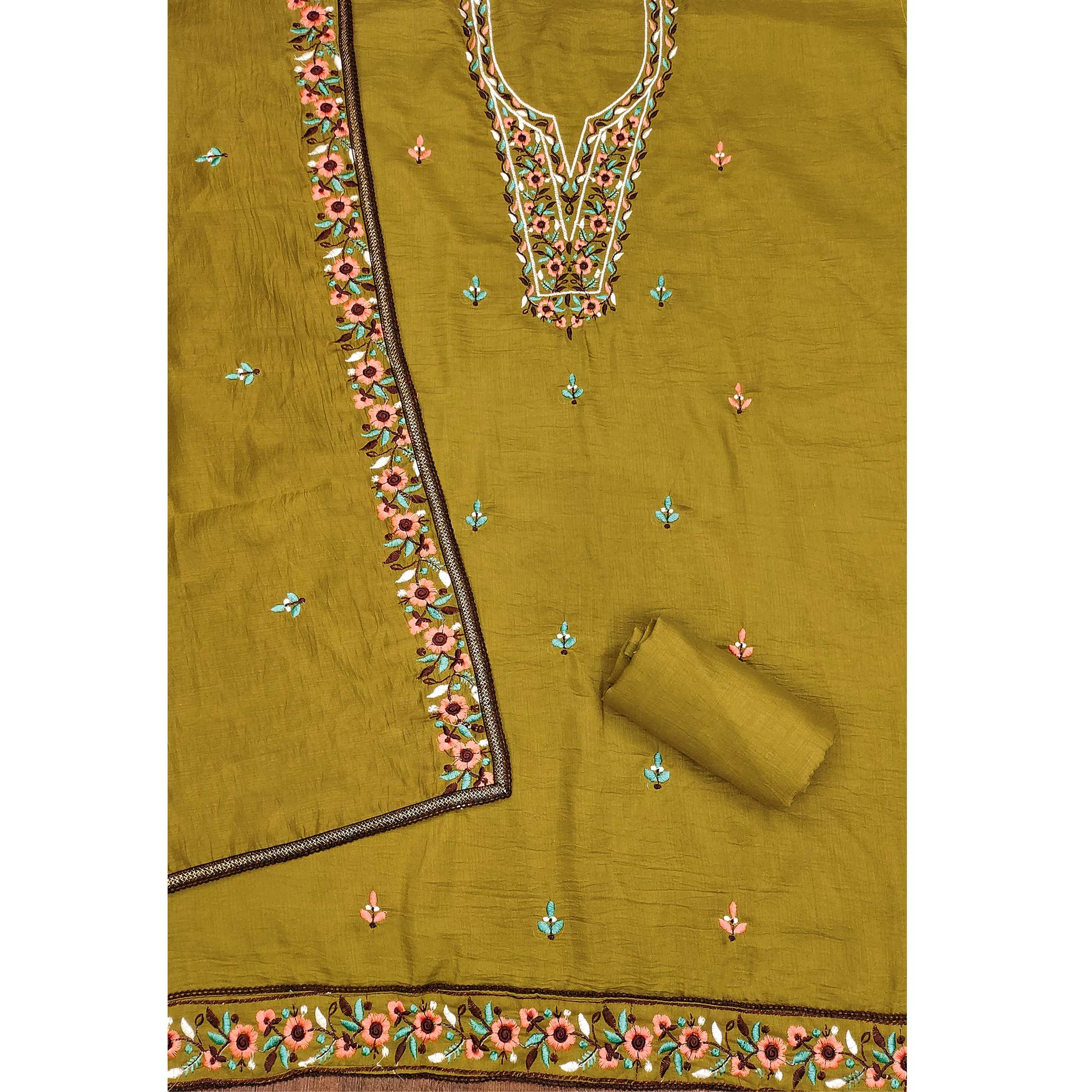 Mehendi Green Floral Embroidered Cotton Blend Dress Material