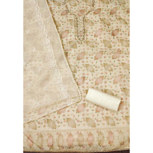 Cream Floral Embroidered With Handwork Organza Dress Material