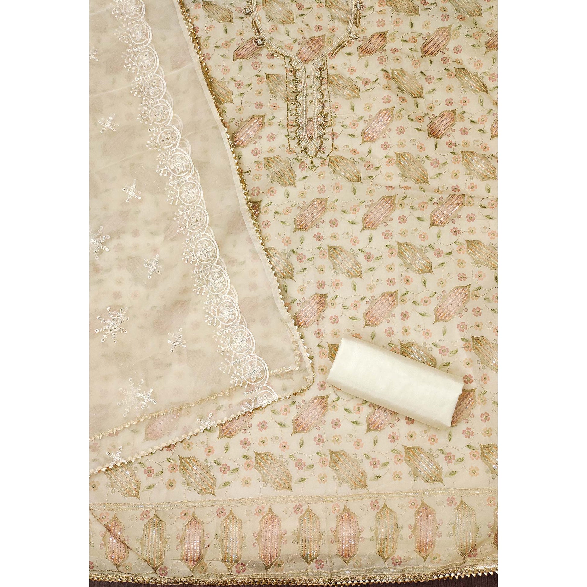 Cream Floral Embroidered With Handwork Organza Dress Material
