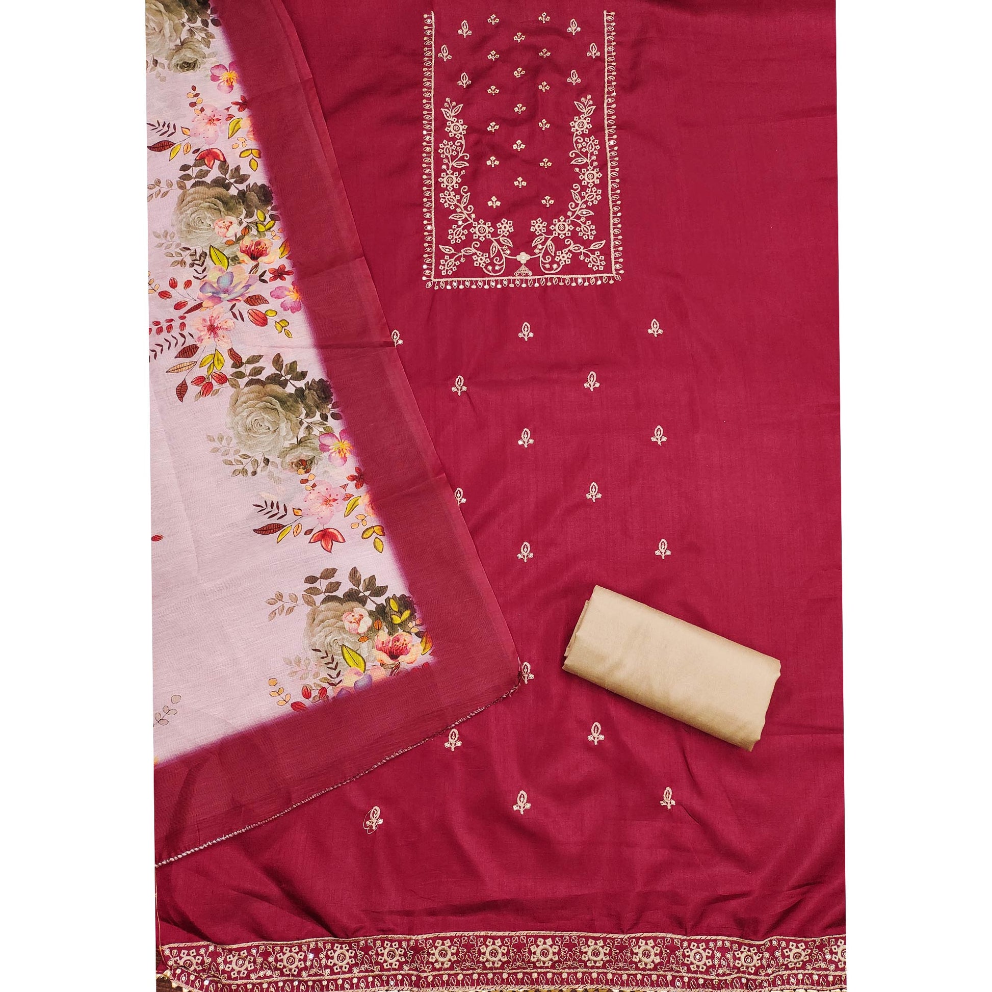 Maroon Floral Sequins Embroidered Cotton Blend Dress Material