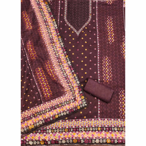 Dark Wine Floral Digital Printed With Diamond Work Organza Dress Material
