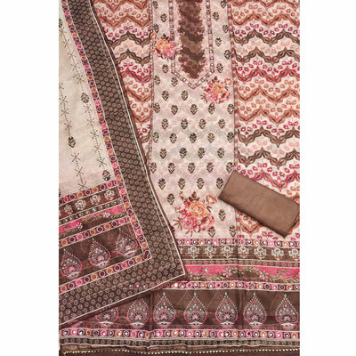 Brown Floral Digital Print With Diamond & Mirror Work Organza Dress Material