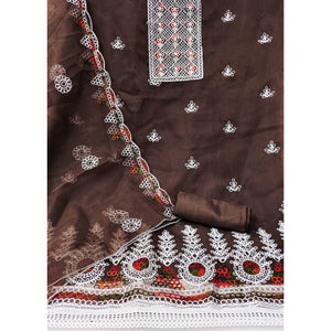 Brown Floral Embroidered Organza Dress Material