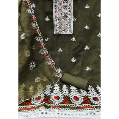 Mehendi Green Floral Embroidered Organza Dress Material