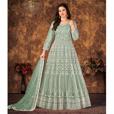 green-floral-embroidered-net-semi-stitched-dress-material