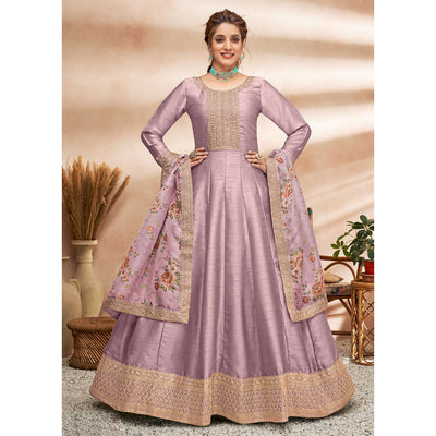 Mauve Embroidered Art Silk Semi Stitched Anarkali Suit