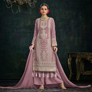 Mauve Floral Embroidered Georgette Semi Stitched Palazzo Suit