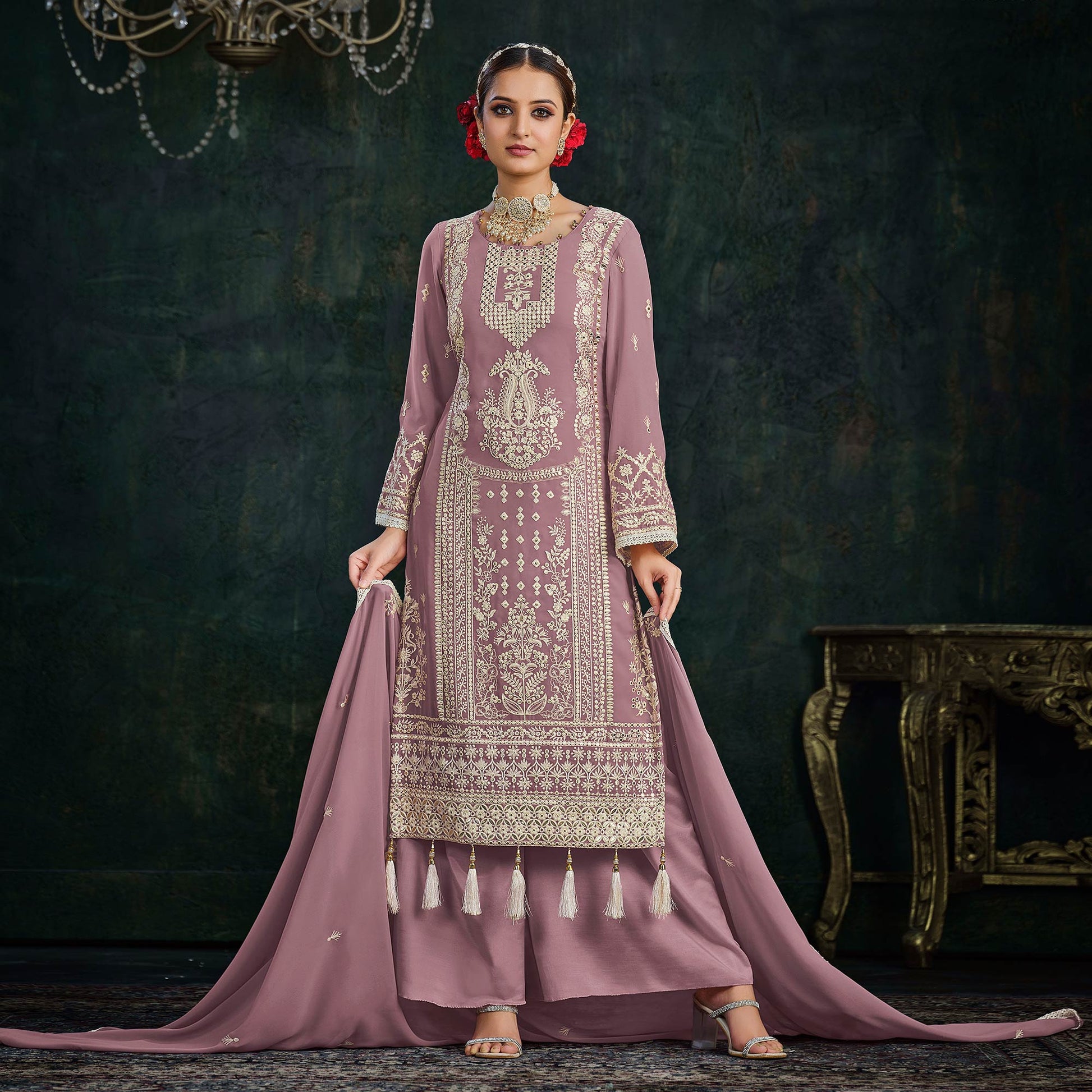 Mauve Floral Embroidered Georgette Semi Stitched Palazzo Suit