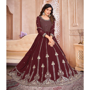 Maroon Floral Sequins Embroidered Georgette Semi Stitched Anarkali Suit