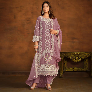 Mauve Floral Embroidered Soft Organza Semi Stithed Suit