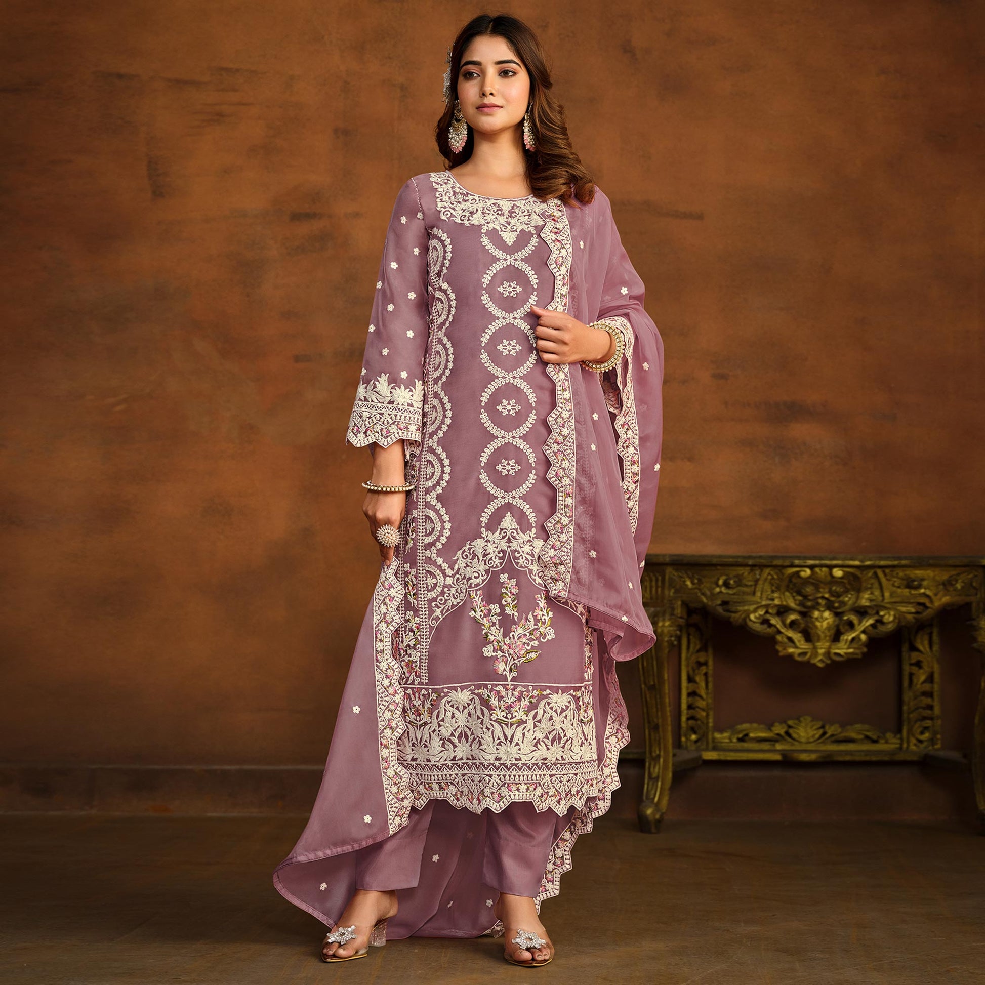 Mauve Floral Embroidered Soft Organza Semi Stithed Suit