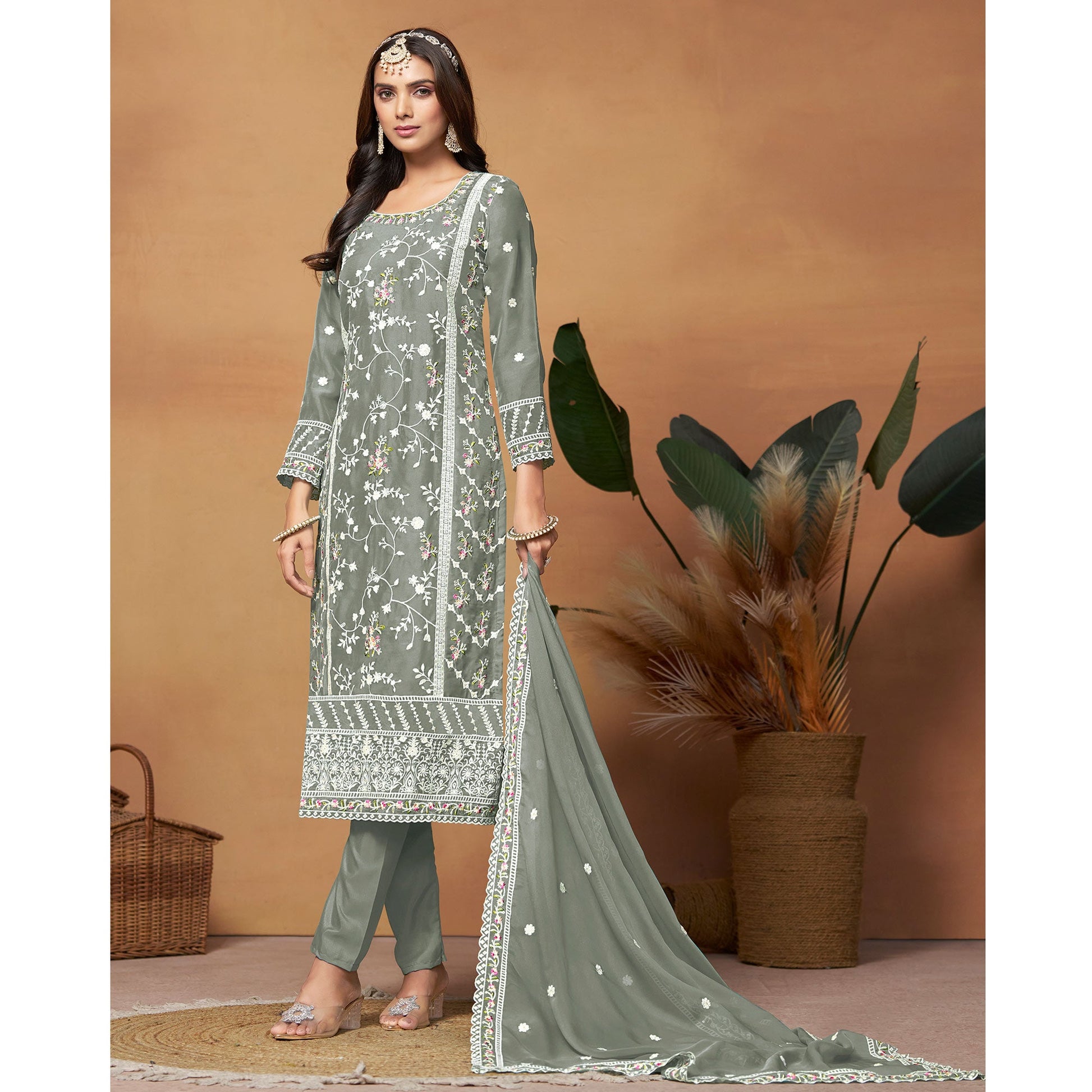 grey-floral-embroidered-organza-semi-stitched-dress-material