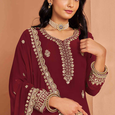 Maroon Floral Embroidery Georgette Semi Stitched Palazzo Suit