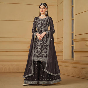 Dark Grey Floral Embroidered Georgette Semi Stitched Sharara Suit