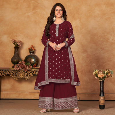 Maroon Floral Embroidered Georgette Semi Stitched Suit