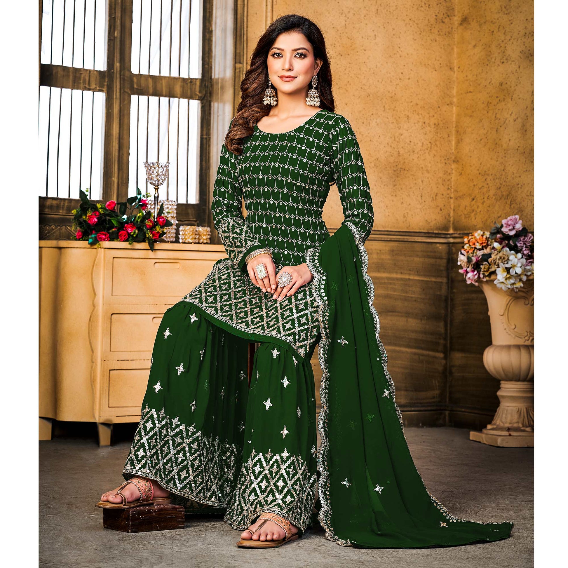 green-sequins-embroidered-georgette-semi-stitched-suit-1