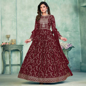 Maroon Embroidered Georgette Semi Stitched Anarkali Suit