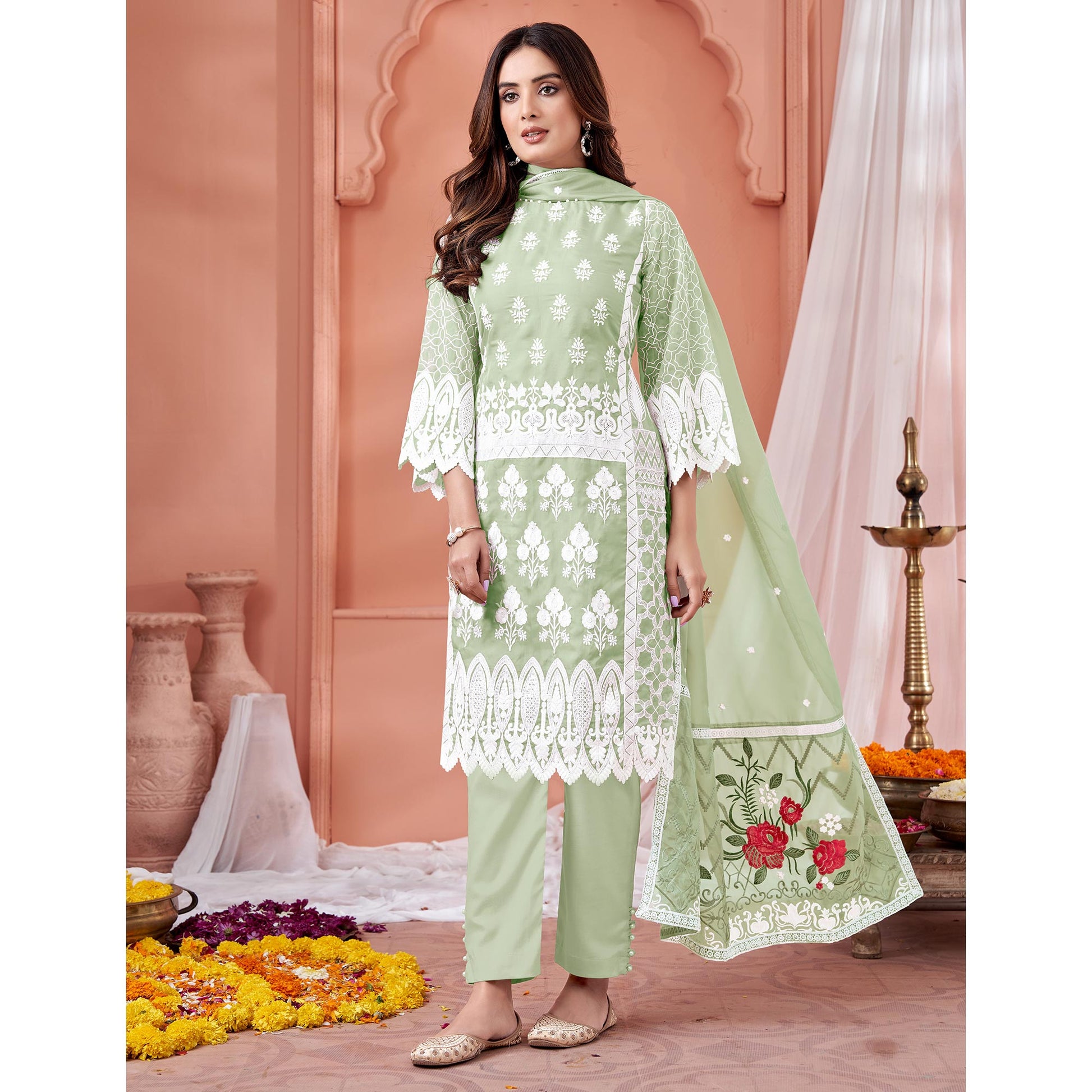 green-floral-embroidered-organza-semi-stitched-suit