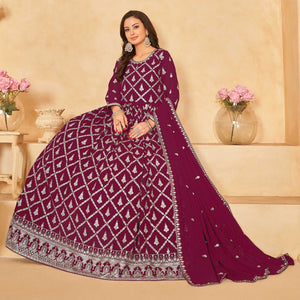 Dark Magenta Floral Embroidered Georgette Semi Stitched Anarkali Suit