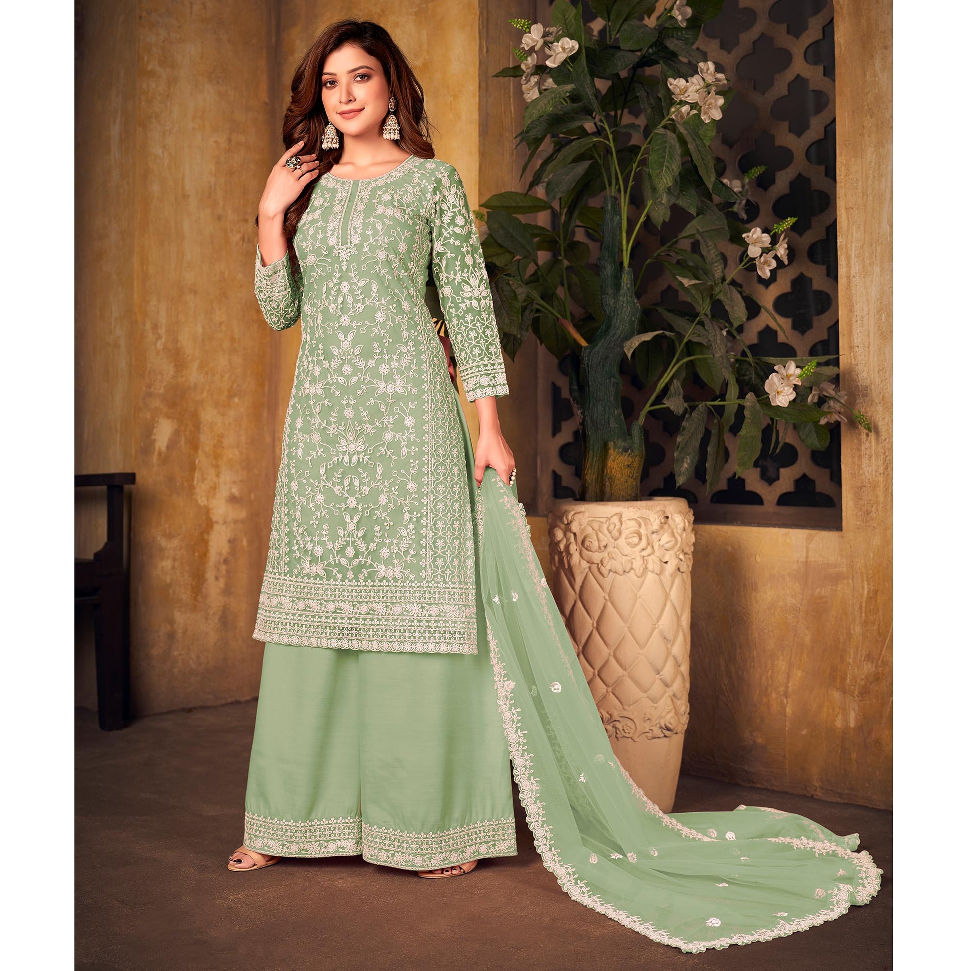 green-floral-embroidered-net-semi-stitched-suit