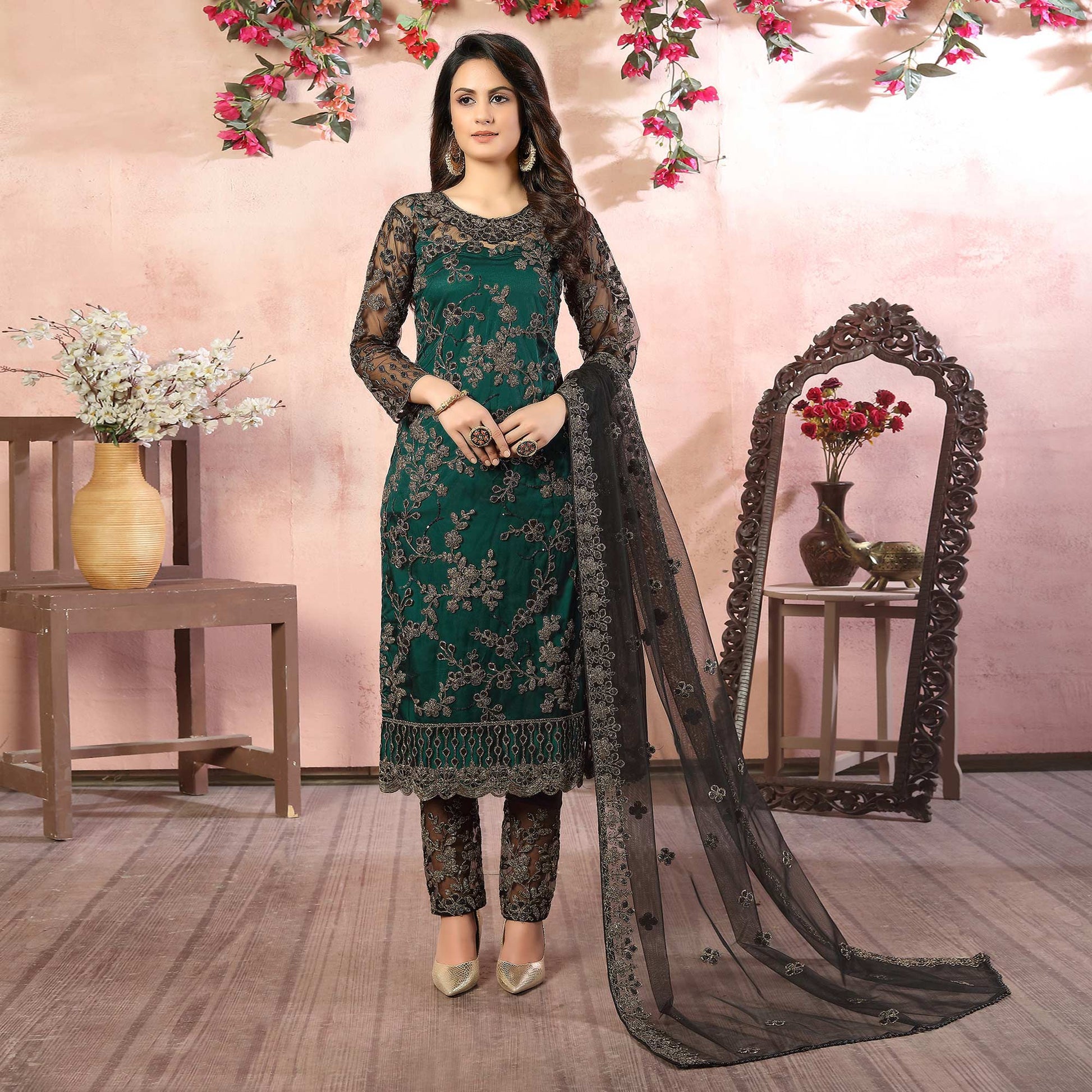 green-floral-embroidered-net-semi-stitched-suit-1