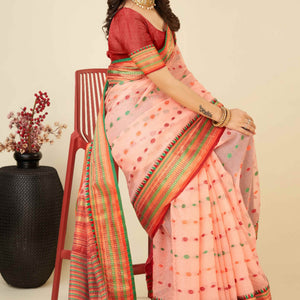 Light Peach Zari Weaving Cotton Silk Saree