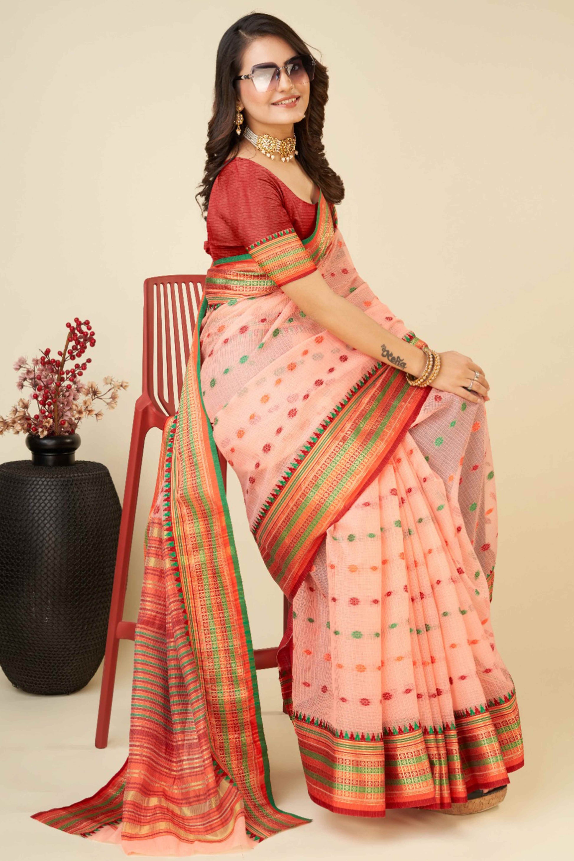 Light Peach Zari Weaving Cotton Silk Saree