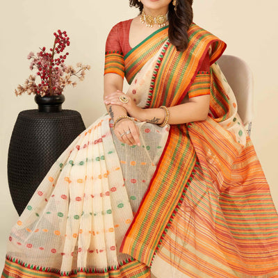 Cream Zari Weaving Cotton Silk Saree