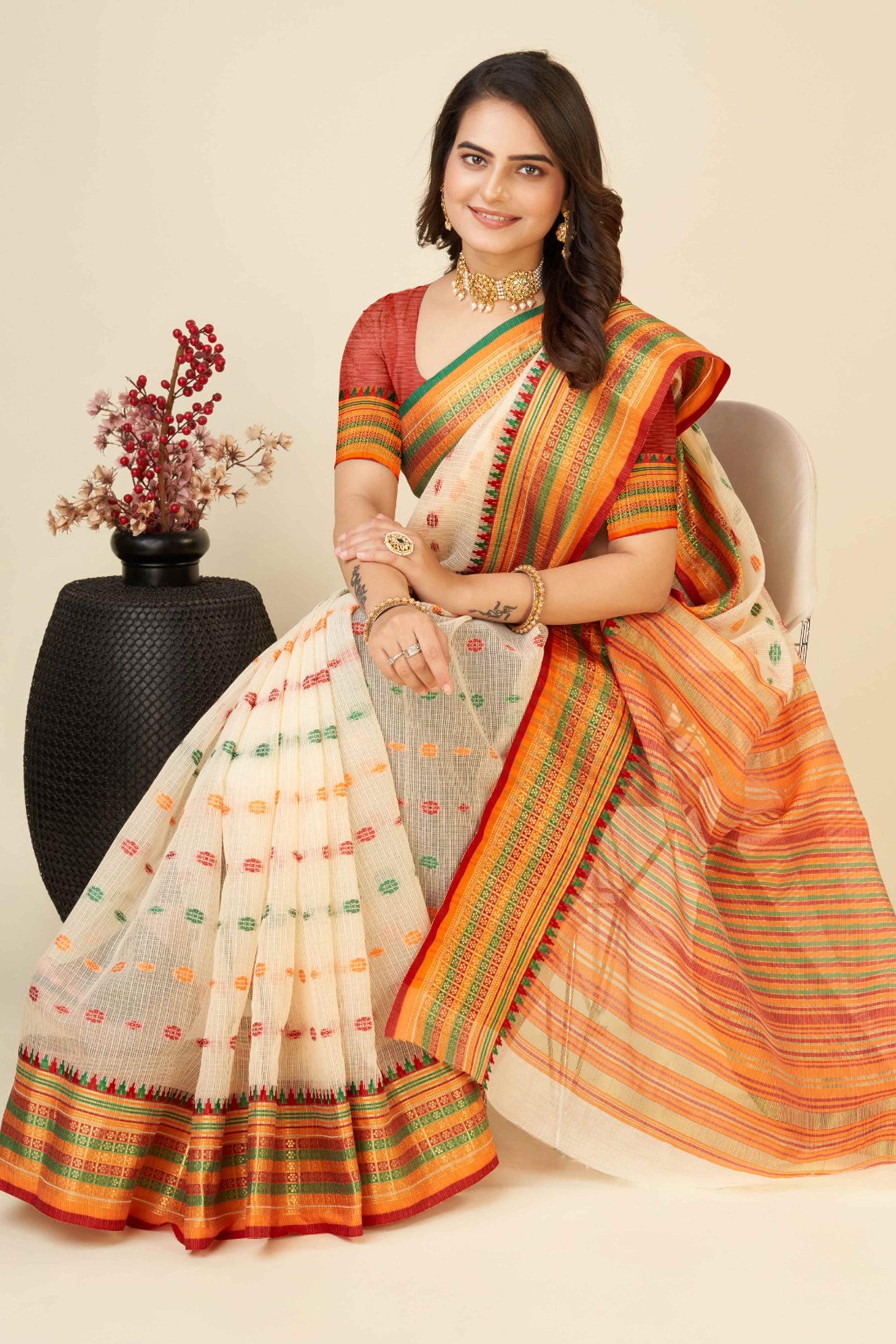 Cream Zari Weaving Cotton Silk Saree