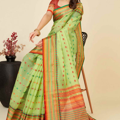 Light Green Zari Weaving Cotton Silk Saree