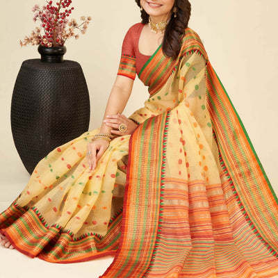 Light Yellow Zari Weaving Cotton Silk Saree