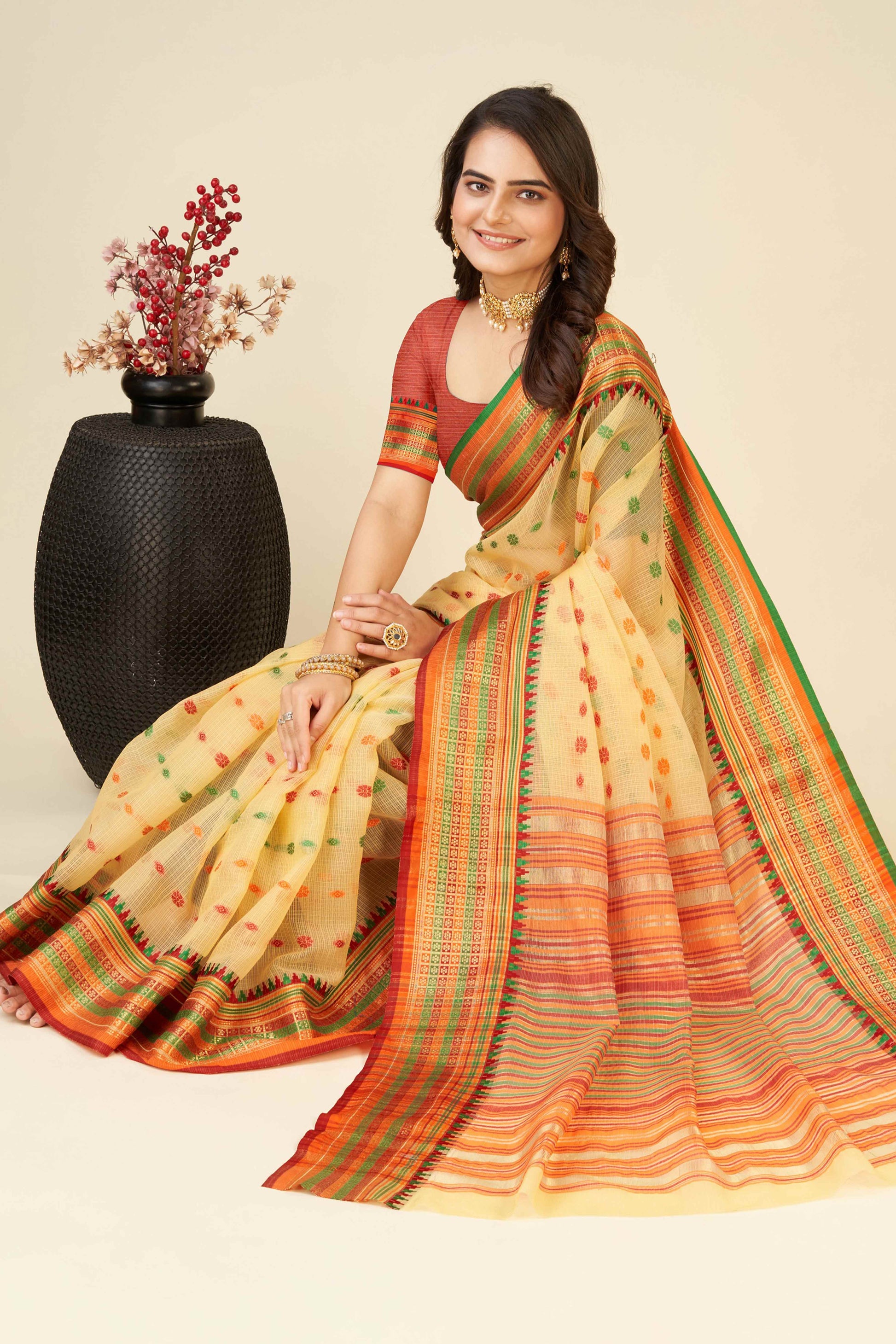 Light Yellow Zari Weaving Cotton Silk Saree