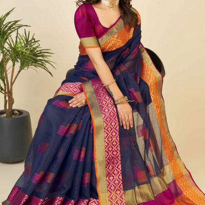 Blue Zari Weaving Cotton Blend Saree