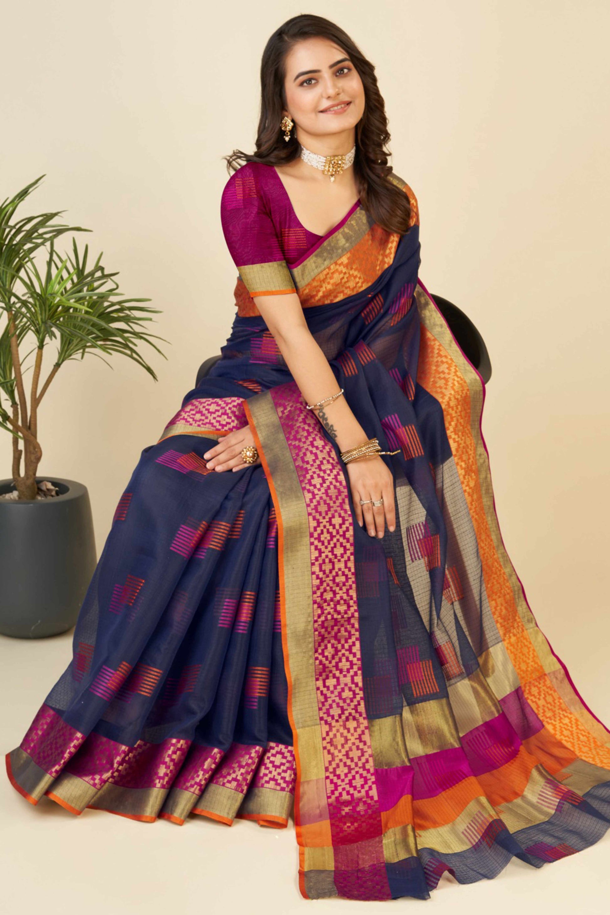 Blue Zari Weaving Cotton Blend Saree