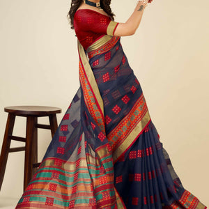 Blue Zari Weaving Cotton Blend Saree