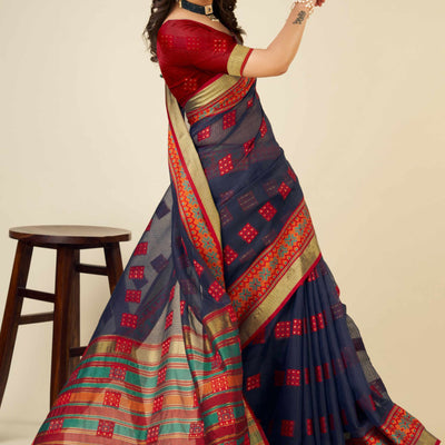 Blue Zari Weaving Cotton Blend Saree