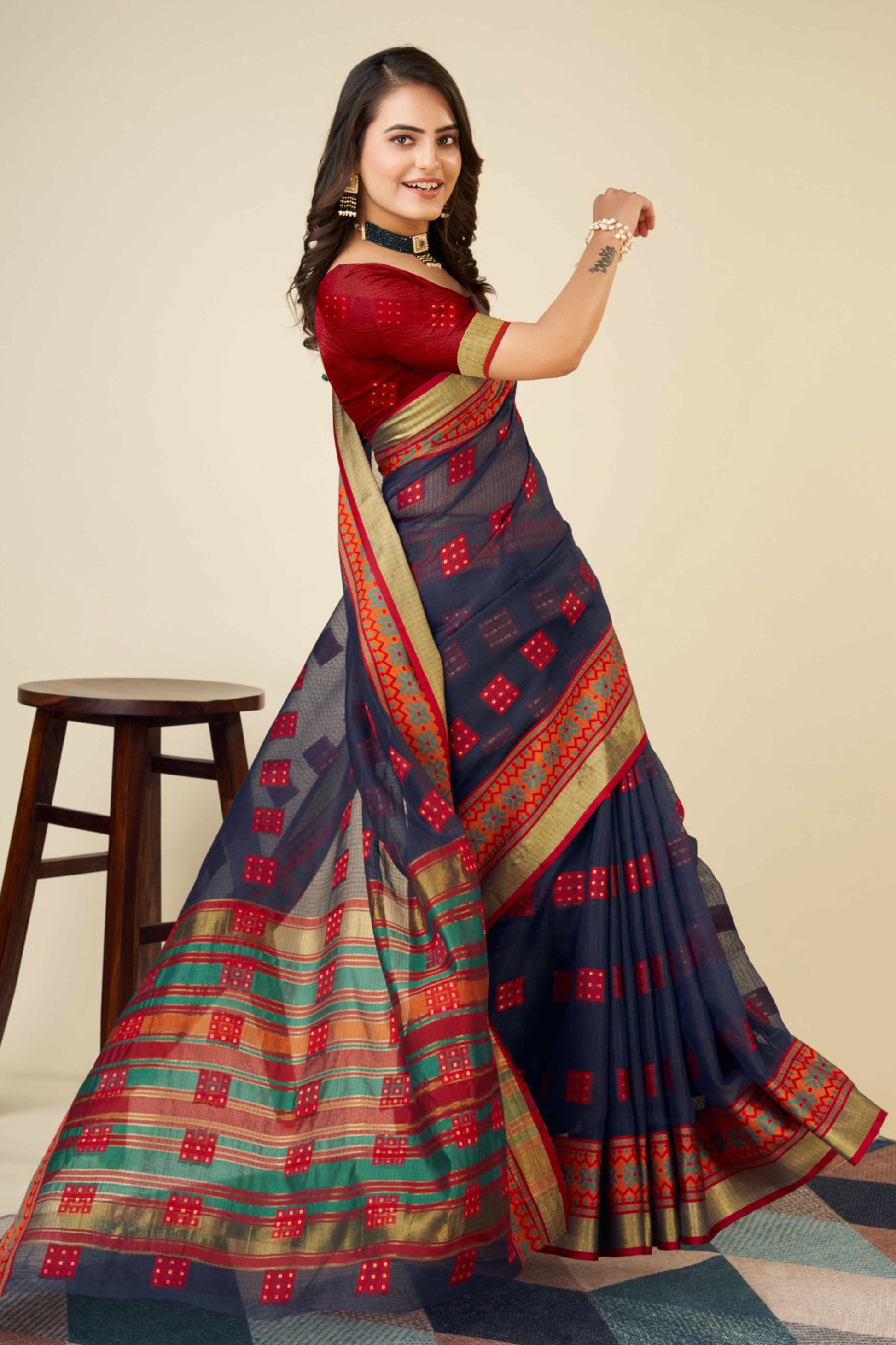 Blue Zari Weaving Cotton Blend Saree
