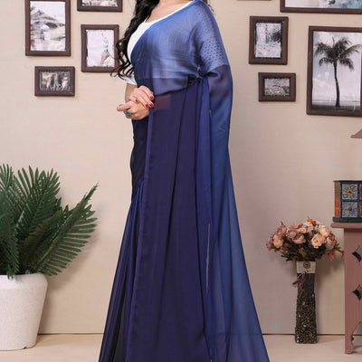 Blue Solid Satin Ready To Wear Ombre Saree